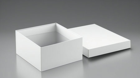 Blank white box isolated on gray background.の素材