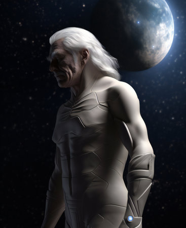 an old man in a spacesuit with a full moonの素材