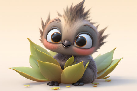 Cute owl sitting on a plant with leavesの素材