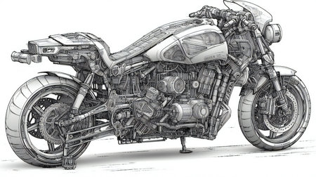sketch of a chopper motorcycle on a white background.の素材