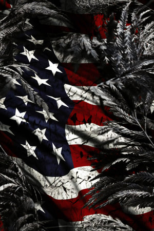 Closeup of cannabis plant with American flag in the background. Marijuana legalization concept.の素材