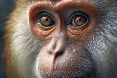 Close up of a macaque monkey looking at the camera with a blurred backgroundの素材