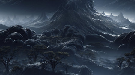 Fantasy landscape with mountains and trees in the fog.の素材