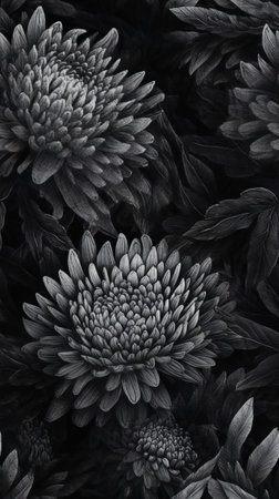 Chrysanthemum flowers in black and white, floral backgroundの素材