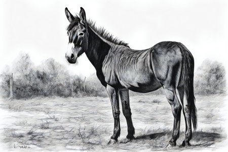 Black and white illustration of a mule standing in the field.の素材