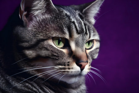Close-up portrait of a tabby cat on a purple backgroundの素材