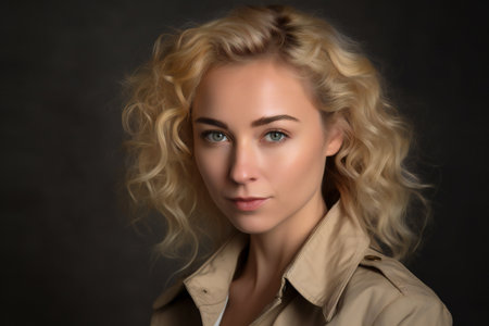 Portrait of beautiful young woman with blond curly hair on dark backgroundの素材