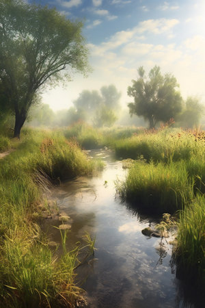 Beautiful summer landscape with river, trees and foggy morning.の素材