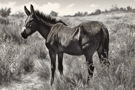 Black and white image of a mule standing in a field.の素材