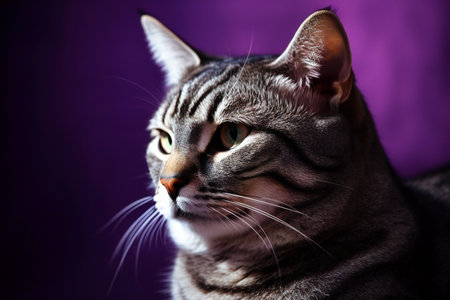 Portrait of a beautiful tabby cat on a purple background.の素材