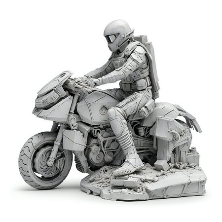 a robot sitting on a motorcycle isolated on white backgroundの素材