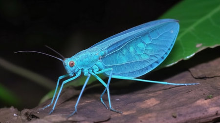 Close-up of a blue grasshopper on a leaf.の素材