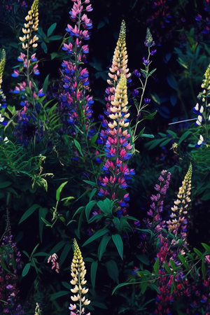 Colorful lupine flowers blooming in the garden, floral backgroundの素材