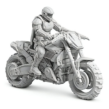 a cyborg rider on a motorcycle isolated on white backgroundの素材