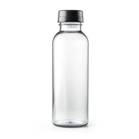 Empty plastic bottle with black cap isolated on white background.の素材