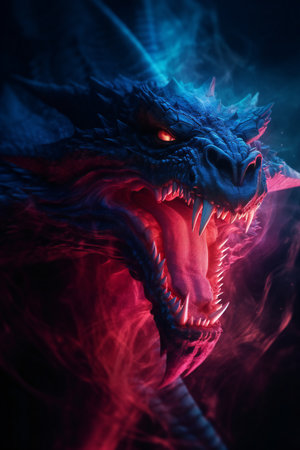 Fantasy dragon head on a dark background with red and blue smokeの素材
