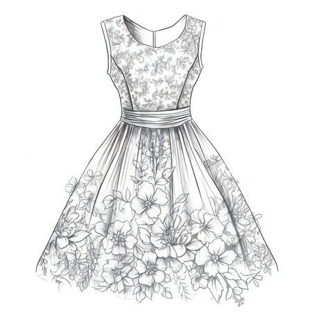 Wedding dress. Hand drawn fashion illustration with flowers. Sketch for your designの素材