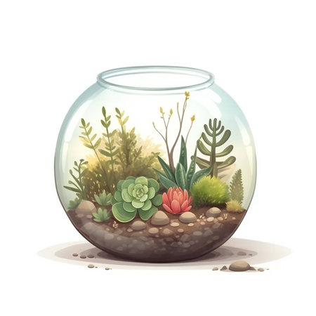 Illustration of a glass aquarium with succulents and cactusの素材