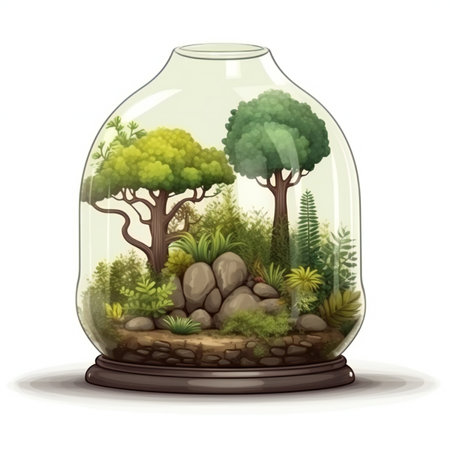 Illustration of a glass vase with a forest inside on a white backgroundの素材