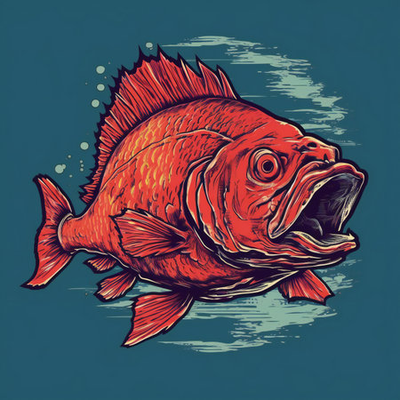 Hand drawn illustration of a red fish on a blue background.の素材