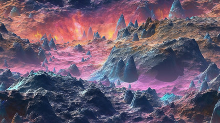 Fantasy alien planet. Mountain and nebula.の素材