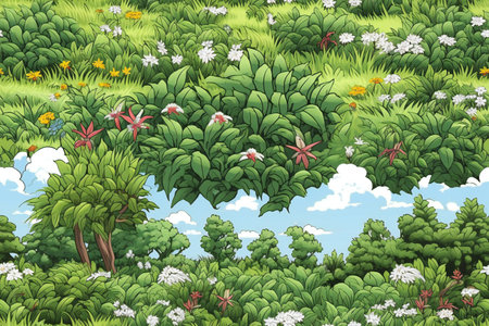 cartoon scene with many different plants in the forest illustration for childrenの素材