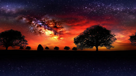 Fantasy landscape with silhouette of tree, stars and milky wayの素材