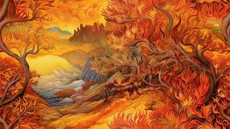 Fantasy landscape with autumn forest and trees - digital illustration for childrenの素材