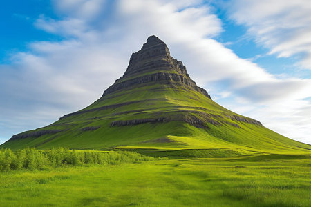 Icelandic landscape with Kirkjufell mountain and green meadowの素材