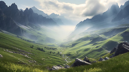 Mountain landscape with fog in the valley, Dolomites, Italyの素材
