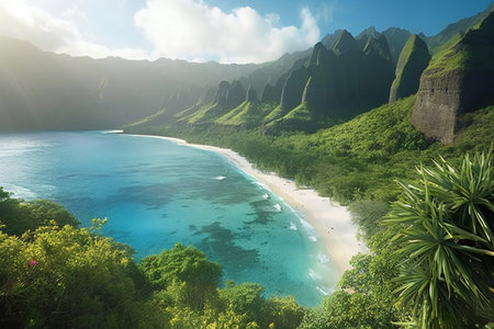 Panoramic view of a beautiful beach on the island of Kauai, Hawaiiの素材