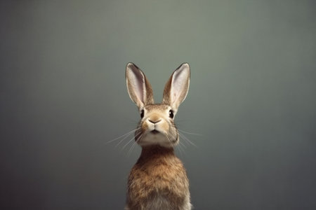 Portrait of a young brown rabbit on a gray background in studioの素材