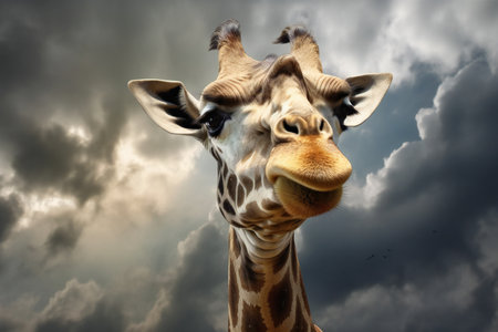 Giraffe in the rain with stormy clouds and sky.の素材