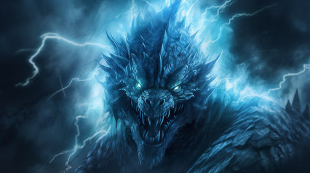 a fantasy dragon with a lightning storm in the backgroundの素材