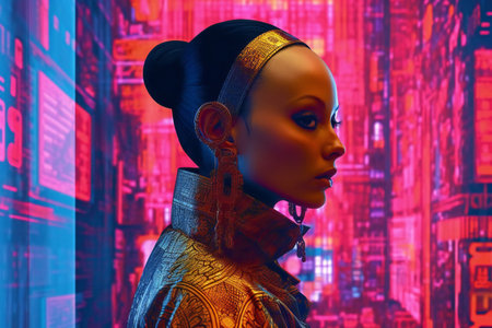 an african american woman in a futuristic cityの素材