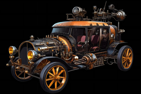 Vintage car engine. Isolated on black background.の素材