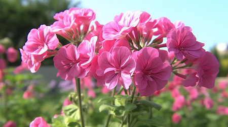 Pink geraniums blooming in the garden on a sunny dayの素材