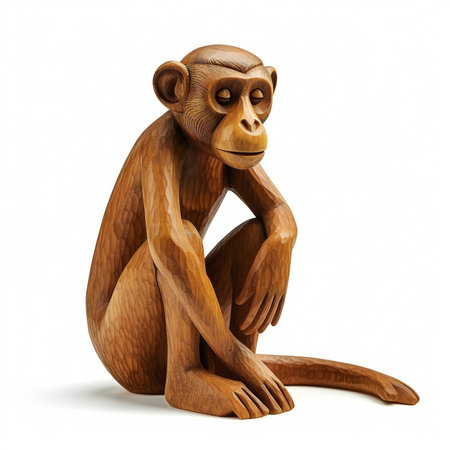 Wooden monkey sitting isolated on white background.の素材