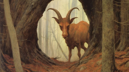 Barbary sheep in a foggy forestの素材