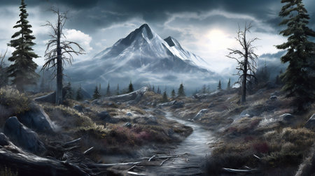 Digital painting of a mountain landscape with a stream in the foreground.の素材