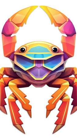 Illustration of a colorful cartoon crab with sunglasses on a white backgroundの素材