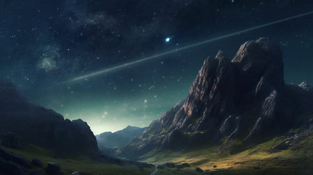 Fantasy alien planet. Mountain and starry sky.の素材