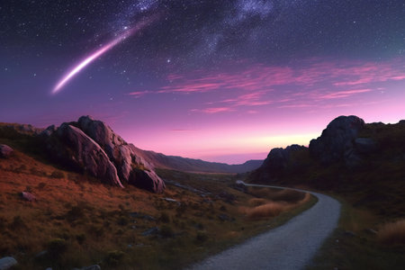 Milky Way over a road at sunset.の素材