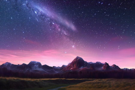 Fantasy landscape with starry sky and mountains.の素材