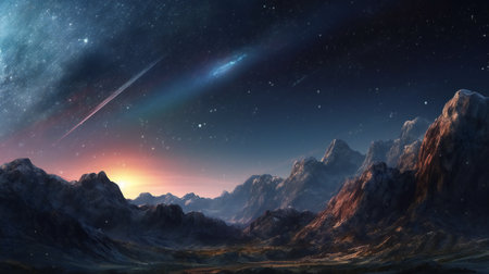 Fantasy alien planet. Mountain and nebula.の素材