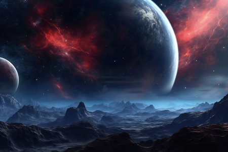 Fantasy alien planet. Mountain and nebula.の素材