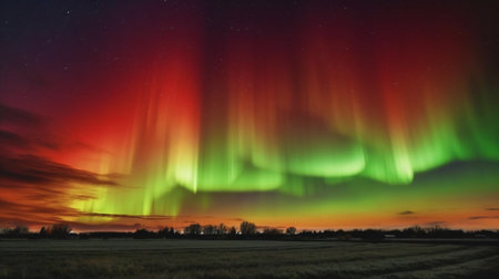 Aurora borealis, northern lights, over a field at nightの素材