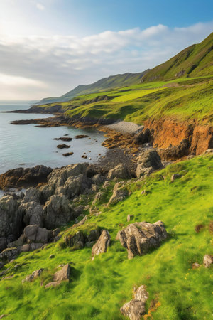 Beautiful panoramic view of the Irish coast at sunset.の素材