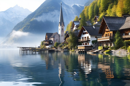 Hallstatt, Austria. Beautiful Hallstattersee lake in the morning.の素材