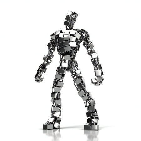 a robot standing in a pile of metal cubesの素材